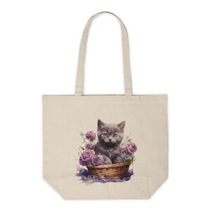 Floral Cat in a Basket Custom Canvas Tote Bag